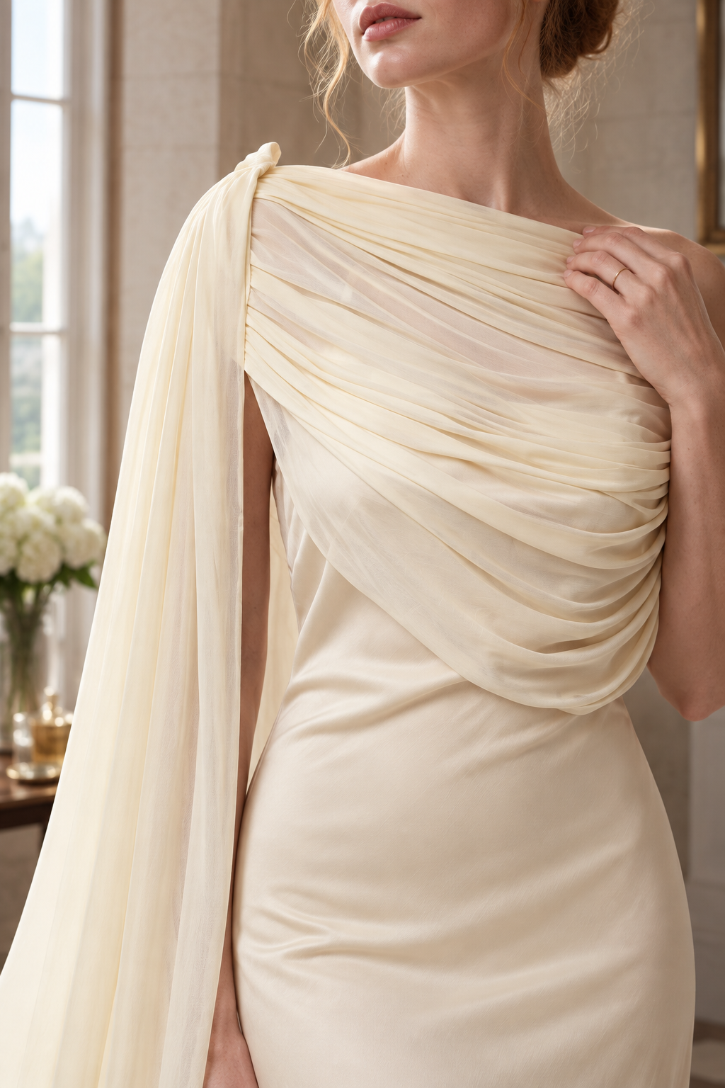 Detalle editorial del drapeado del vestido Oryza Butter