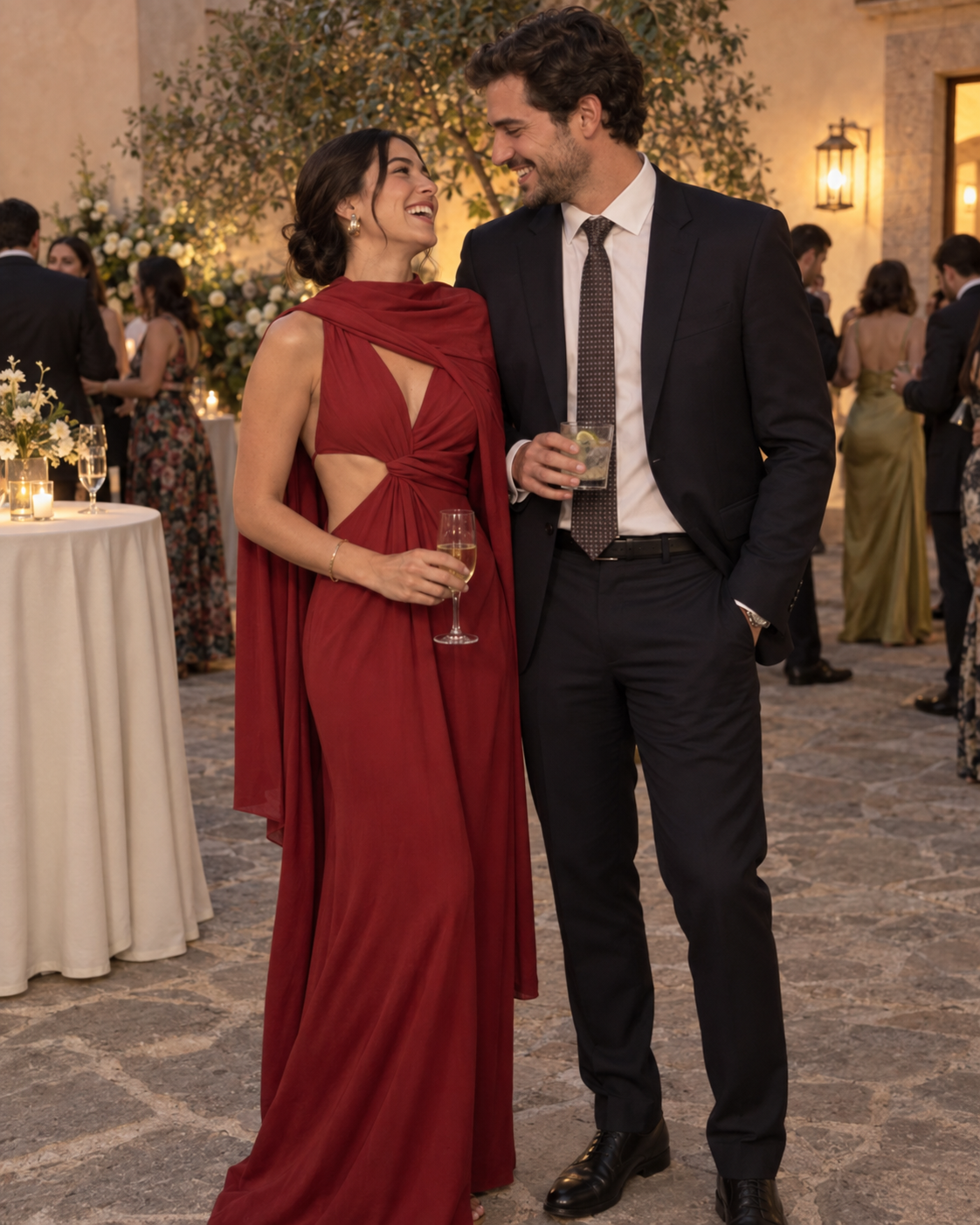 Pareja en una boda mexicana nocturna; ella lleva vestido Aluna Wine