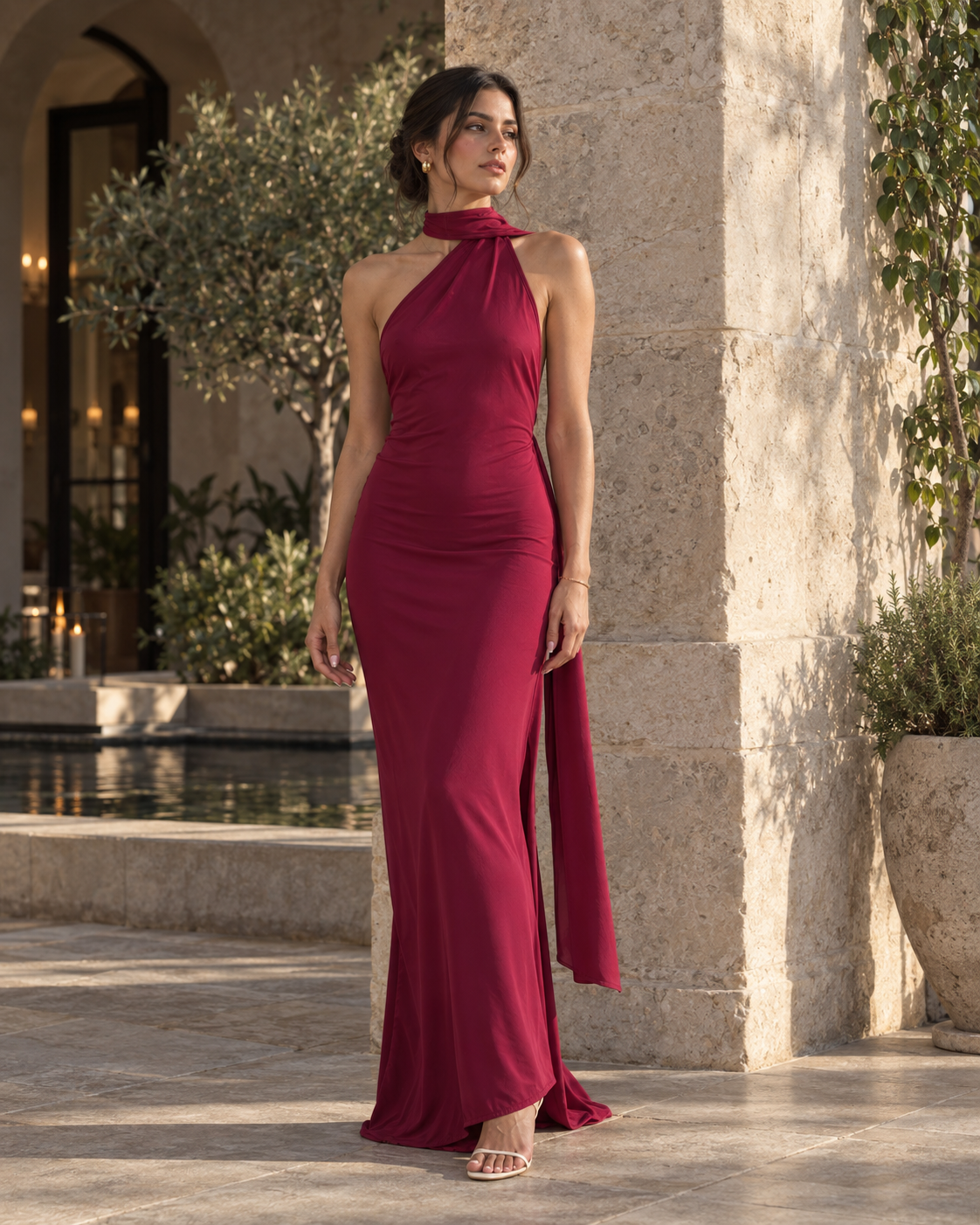 Mujer con vestido Onika Burgundy en un patio de hacienda de día